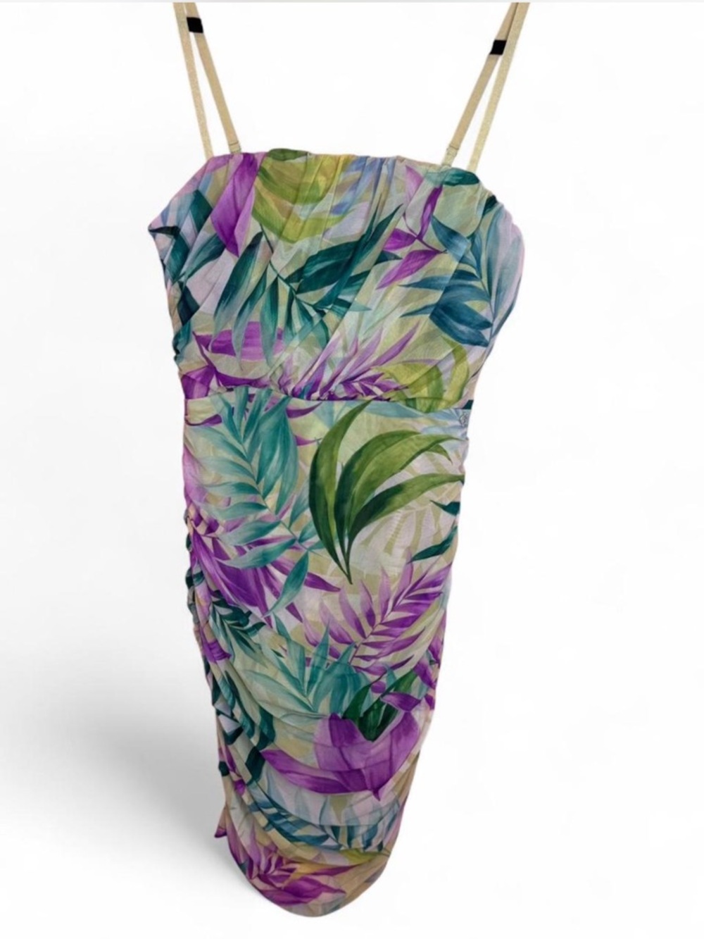 Tropical Leaf Print Midi Dress in Green & Purple by Guess